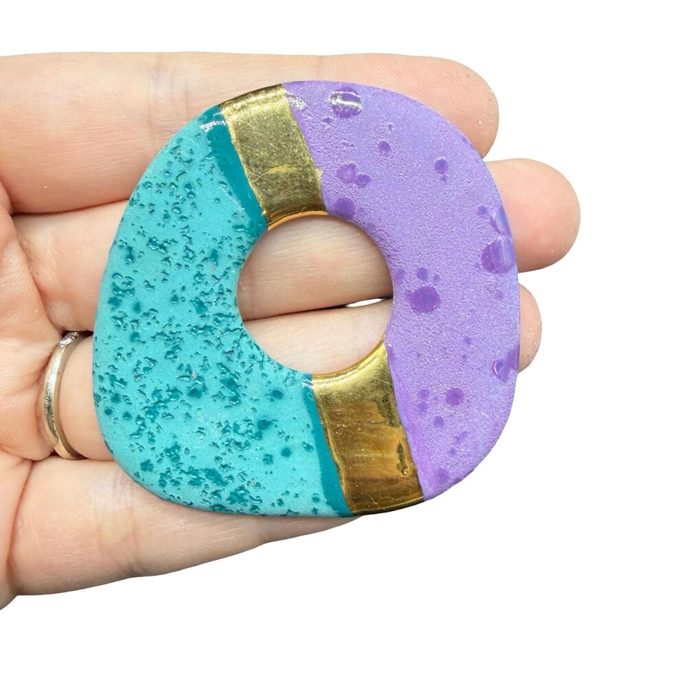 Vintage Jewelry 80s Era Brooch Teal and Purple Artisan Brooch Artist Pin